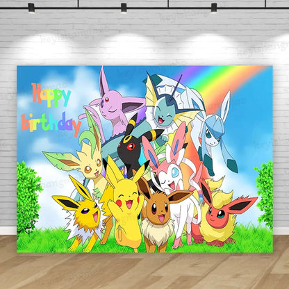 Eevee Family Pokemon Backdrop Cute Girl Princess Birthday Party Background Photography Bedroom Wall Hanging Photo Banner Decor