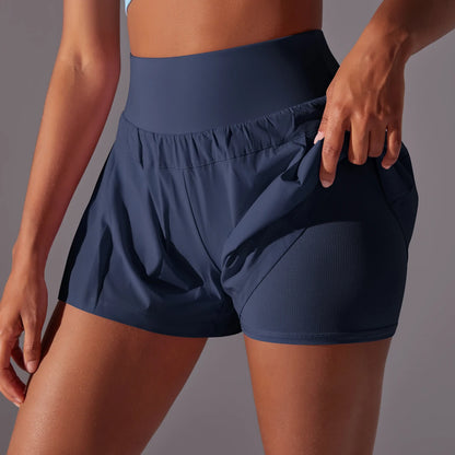 Women Gym Running Shorts Double Deck Quick Dry Gym Sport Shorts Fitness Jogging Workout Shorts With Pocket Sports Tight Short