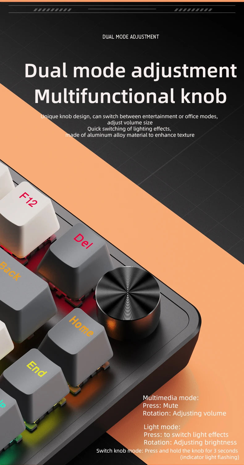 75% Mechanical Keyboard Wired with Media Knob, APAYADO Black Gaming Keyboard,Hot-Swap,ABS Cap Transparent Character Backlighting
