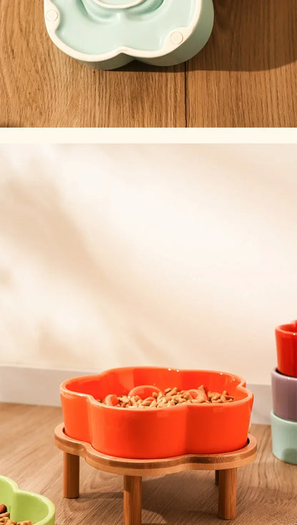 Ceramic Slow Food Bowl Anti-choking Cat Feeding Basin To Prevent Black Chin Small Dog Cat Neck Guard Wooden Frame Slow Food Bowl
