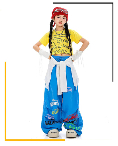 Girls Hiphop Group Jazz Dance Performance Clothes Loose Short Sleeve Top Pants Street Dance Costumes Wear