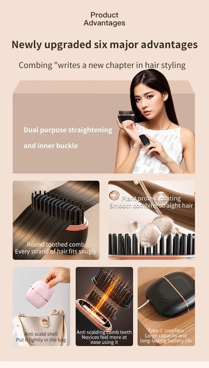 2026 New Mini Straightener Rechargeable Portable Hair Straightener Brush Anti-Scald Shell Cordless USB Charging Straighteners