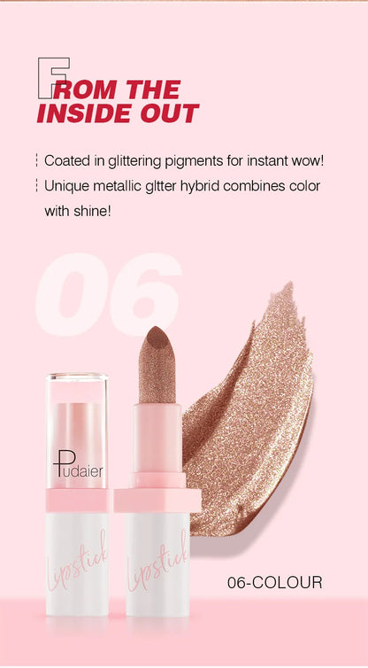Pudaier Shimmery Diamond Lipstick: 10 Shades of Waterproof Glitter & Metallic Shine