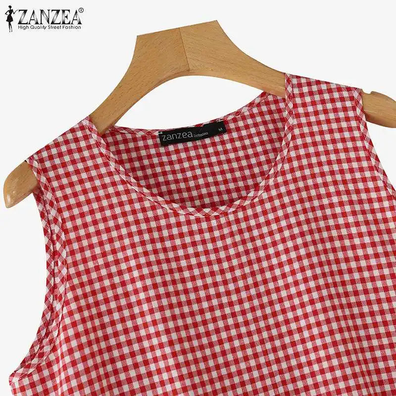 ZANZEA Summer Plaid Checked Sundress Bohemain Holiday Dresses Women Elegant O Neck Sleeveless Dress Casual Baggy Work Vestidos