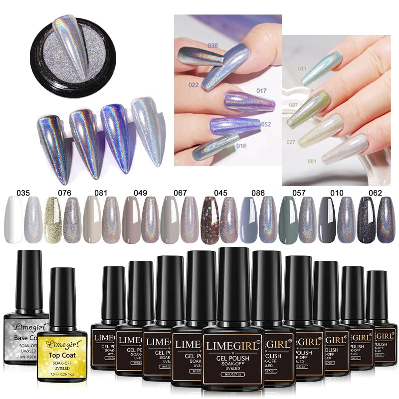 LIMEGIRL 10 Colors Nail Gel Set UV Soak Gel Base Coat Gel with Laser Powder Nail Art DIY Semi-Permanent Gel Varnish Kit