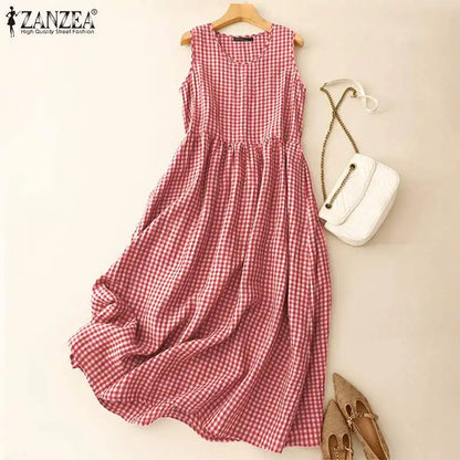 ZANZEA Summer Plaid Checked Sundress Bohemain Holiday Dresses Women Elegant O Neck Sleeveless Dress Casual Baggy Work Vestidos