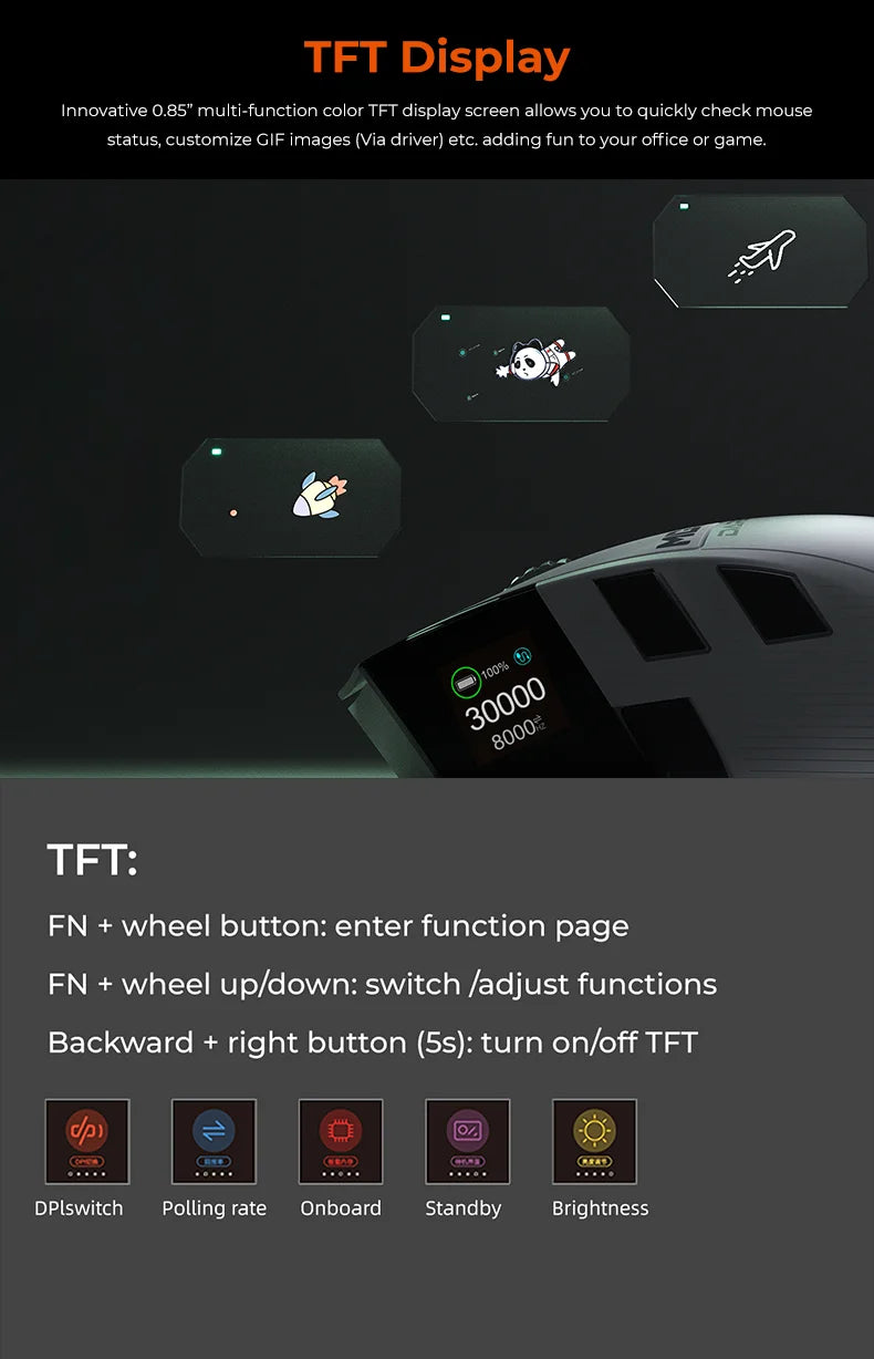 Dareu A980ProMax 8Khz Wireless Wired Mouse Tri-Mode AIM-750 30000 DPI Rechargeable TFT Display for PC Laptop Gamer