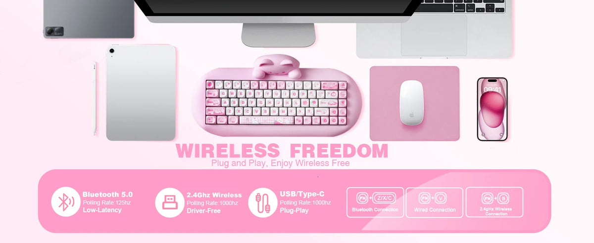 YUNZII C68 Pink 65% Hi-Fi Cute Cat Silicone Hot Swap NKRO  Ergonomic Wireless BT5.0/2.4G/Wired RGB Mechanical Gaming Keyboard