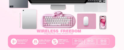 YUNZII C68 Pink 65% Hi-Fi Cute Cat Silicone Hot Swap NKRO  Ergonomic Wireless BT5.0/2.4G/Wired RGB Mechanical Gaming Keyboard