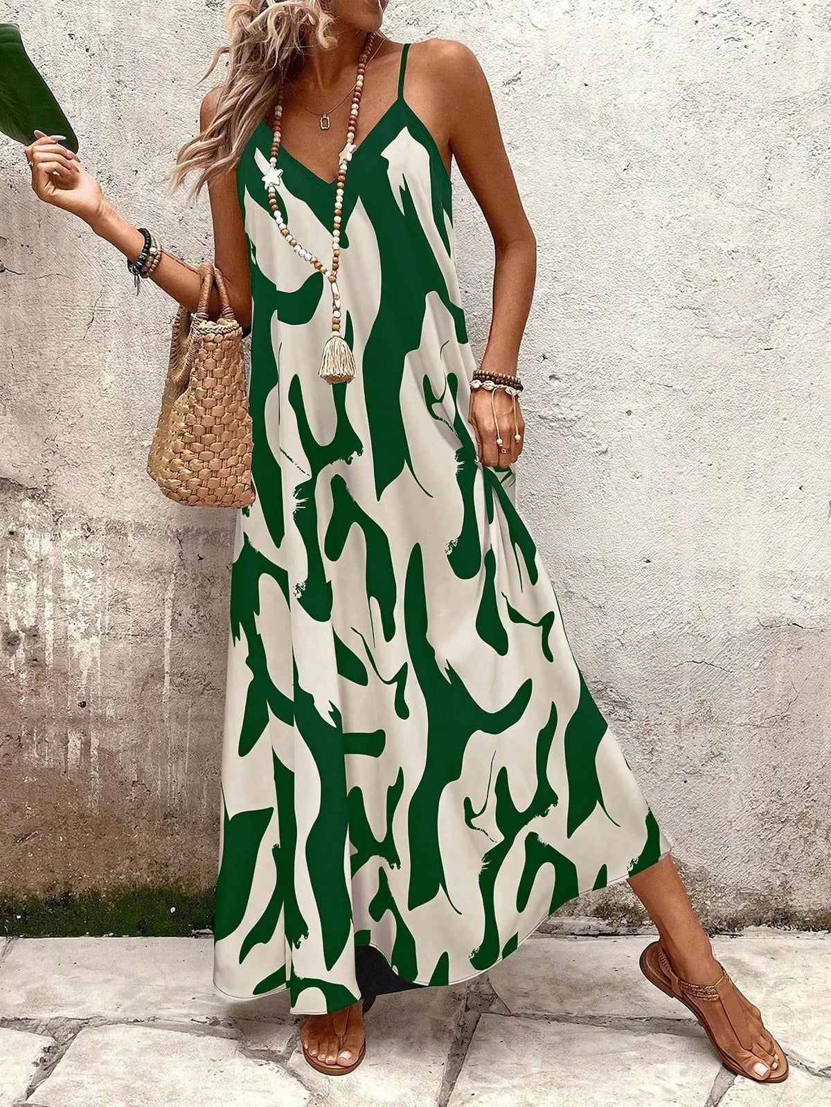 Summer 2026 Women's Fashion Slim Fit Floral Print V-Neck Loose Holiday Style Dress Knitted Fabric A- Line Skirt Casual Wear