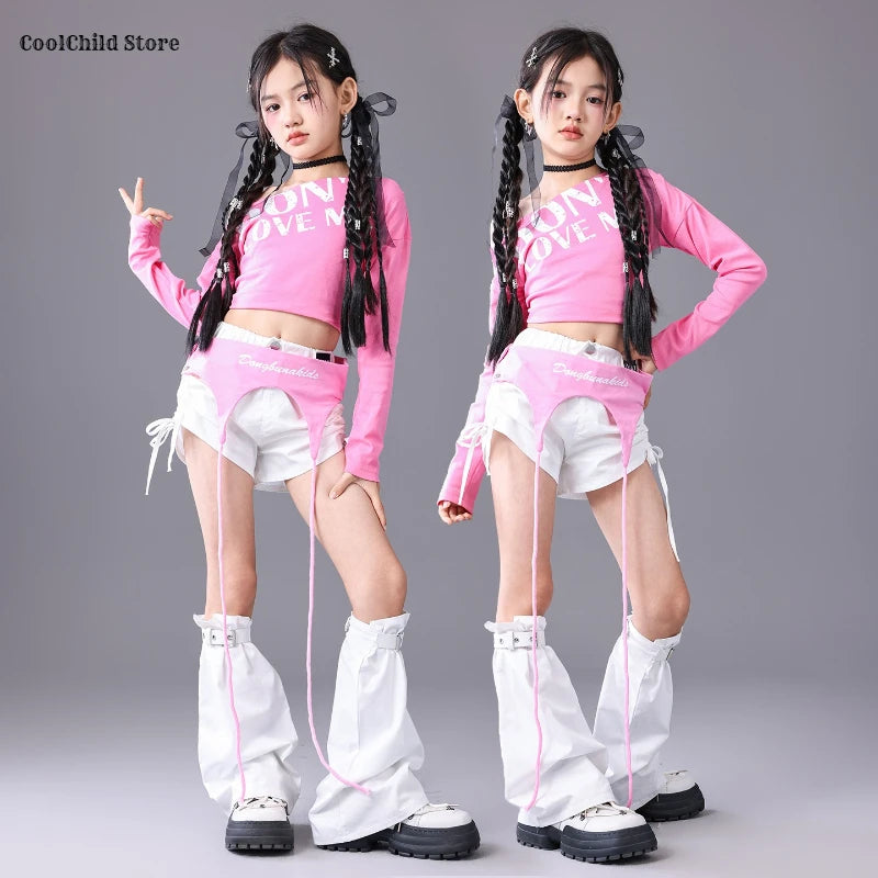Girls Hip Hop Off Shoulder Crop Top ‌Street Dance Skirts Cargo Pants Children Streetwear Jeans Kids K-pop Girl Group Clothes Set