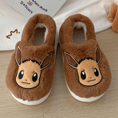 Pokemon Anime Couple Slippers Cute Pikachu Eevee Cartoon Cotton Home Shoes for Men And Women with Velvet Insulation Winter Gifts