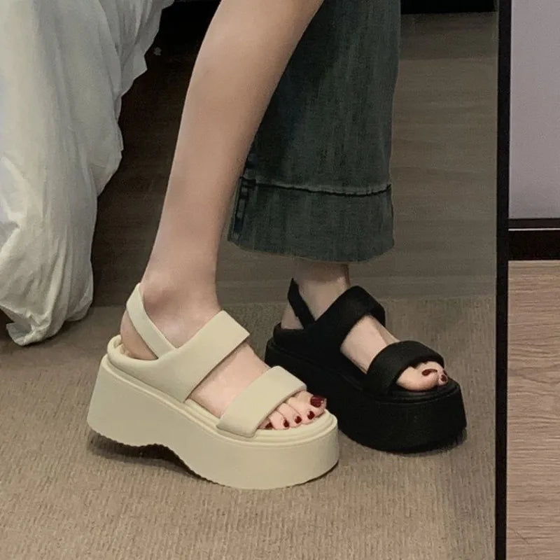 Summer 2025 Chunky Sandals Women's Wedge Heels Slides 8CM High Heels Leather Casual Woman Beach Thick Bottom Flip Flops