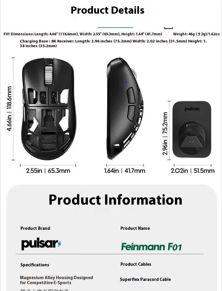 Pulsar Feinmann F01 Mouse Dual Mode Wireless Mouse 8000Hz  XS-1 Gaming Mouse Magnesium Alloy Hollow-Out Lightweight PC Accessory
