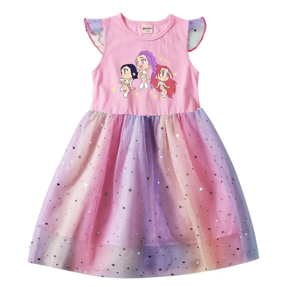 Girls' K-Pop Hunters "Chibi Rainbow" Princess Dress: Flying Sleeve Tutu with Star Sequins