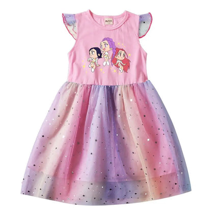 Girls' K-Pop Hunters "Chibi Rainbow" Princess Dress: Flying Sleeve Tutu with Star Sequins