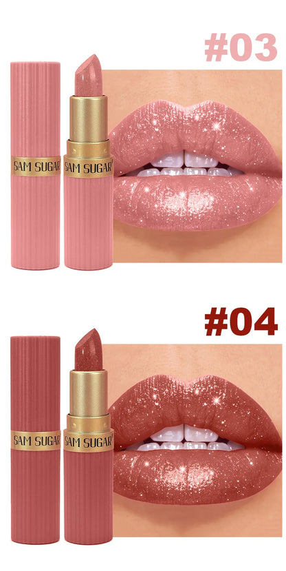 Pearlescent Pink Glitter Velvet Lipstick Metallic Waterproof Long Lasting Matte Shimmer Diamond Lipstick Women Makeup Cosmetic