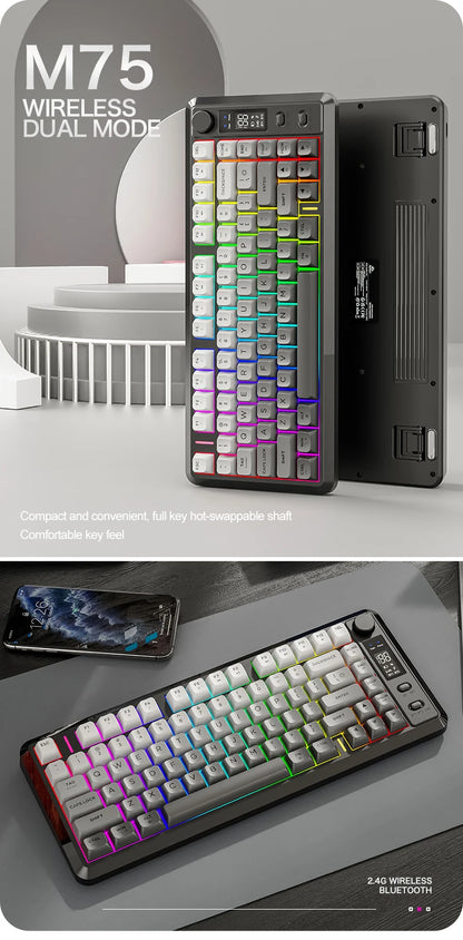 FREEWOLF M75 Wireless Keyboard, Bluetooth Dual-mode, PBT Gradient Ball Cap, With Display Screen, Gaming Keyboard