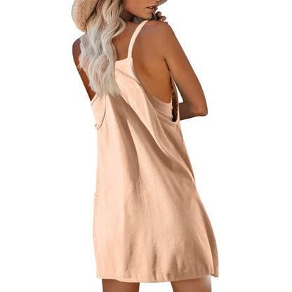 Women's Tennis Dress Solid Color Pocket Sexy Suspender Fake Two-piece Loose Breathable Comfortable Sports Dress