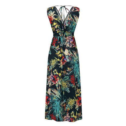 Summer Women Chiffon Floral Long Dress French Style Short Sleeve Elastic A-line Dresses Summer Bohemian Print Beach Dress