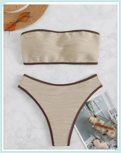 Sexy Bandeau High Waist Bikini 2023 Women Triangle Swimsuit Stitch Detail Swimwear Padded Bathing Suit Female Solid Beachwear