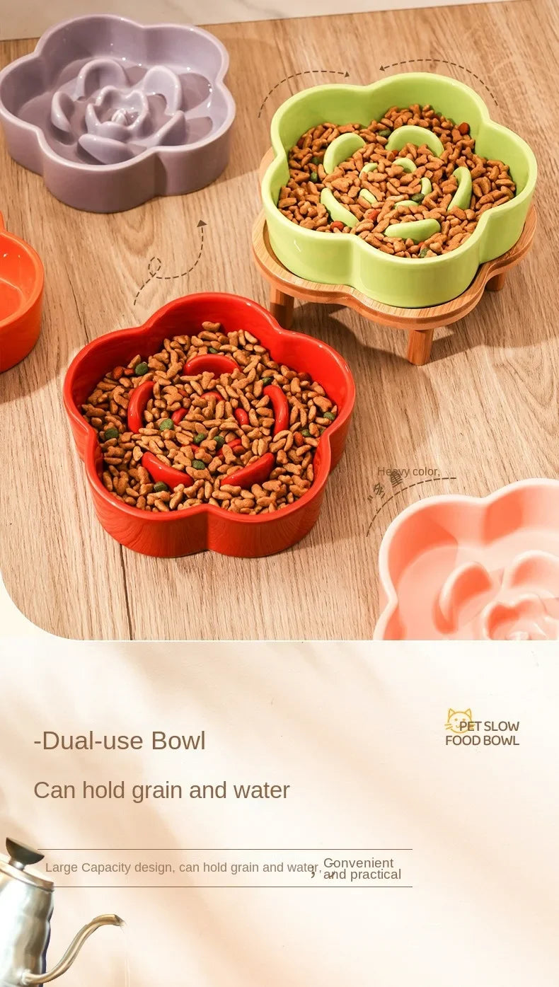 Ceramic Slow Food Bowl Anti-choking Cat Feeding Basin To Prevent Black Chin Small Dog Cat Neck Guard Wooden Frame Slow Food Bowl
