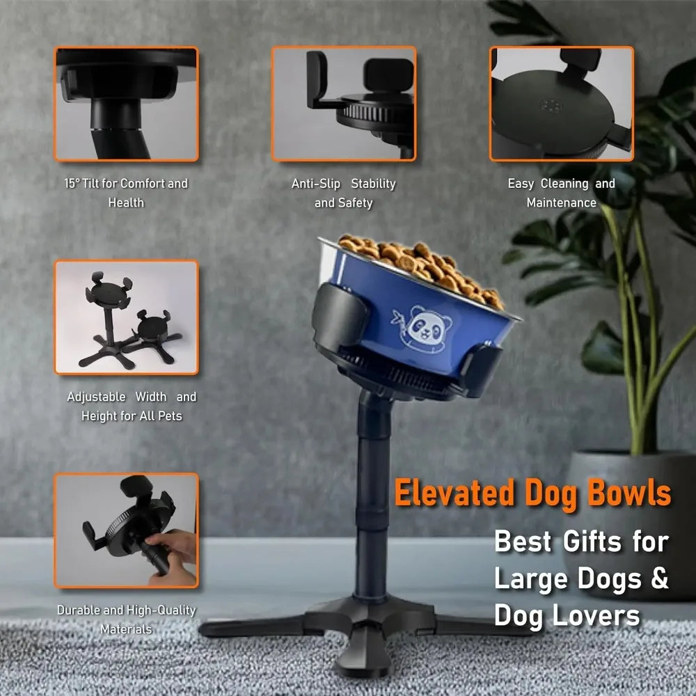 Adjustable Elevated Dog Bowl Stand with Non-Slip Base 3 Height Tilt Settings 14-24.5cm Bowls Stainless Steel Dish for Dogs Cats