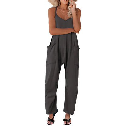 Plus Size Solid Sleeveless V Neck Jumpsuit with Slip Pockets, Casual Women's Clothing