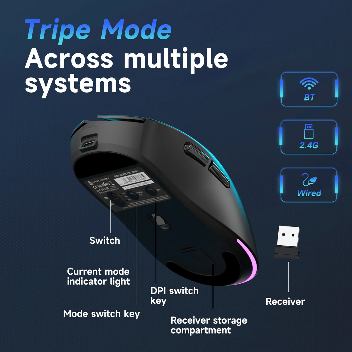 AJAZZ NJ08 Tri-Mode Wired/2.4G/Bluetooth Gaming and Office Mouse with RGB Lighting and Lightweight Design