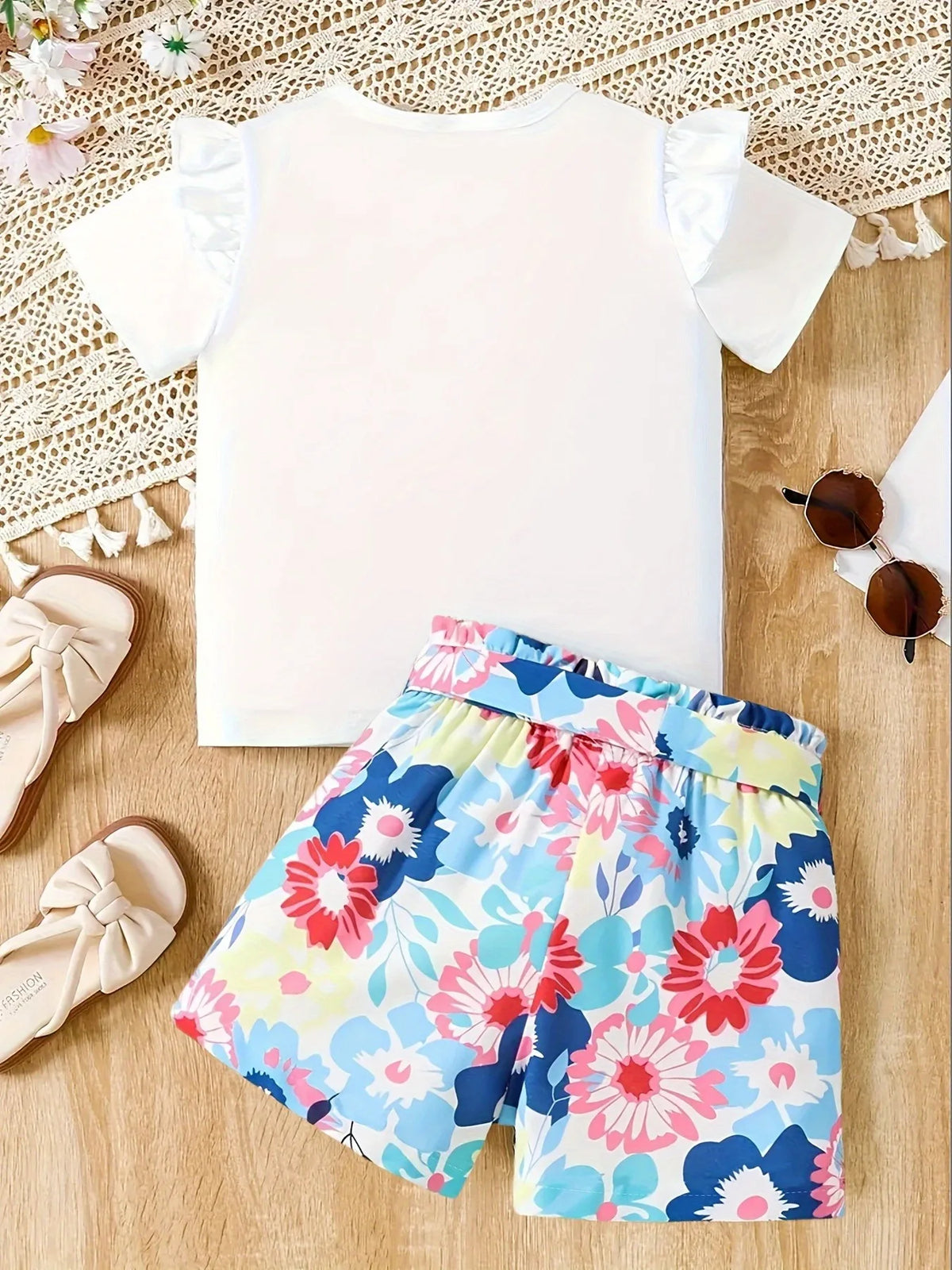 Girls 2-Piece Princess Outfit - "Princess You Glow Girl" Print Ruffle Sleeve T-Shirt & Floral Print Belted Shorts Set for Kids
