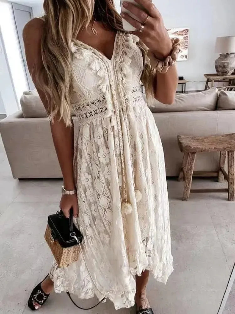 Summer Fashion Sexy Beach Vacation Long Dress Lace Sleeveless Women Dress V Neck Hollow Out Elegant Loose Dresses