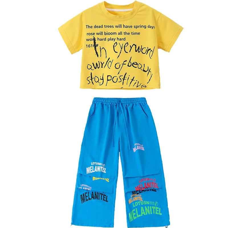 Girls Hiphop Group Jazz Dance Performance Clothes Loose Short Sleeve Top Pants Street Dance Costumes Wear