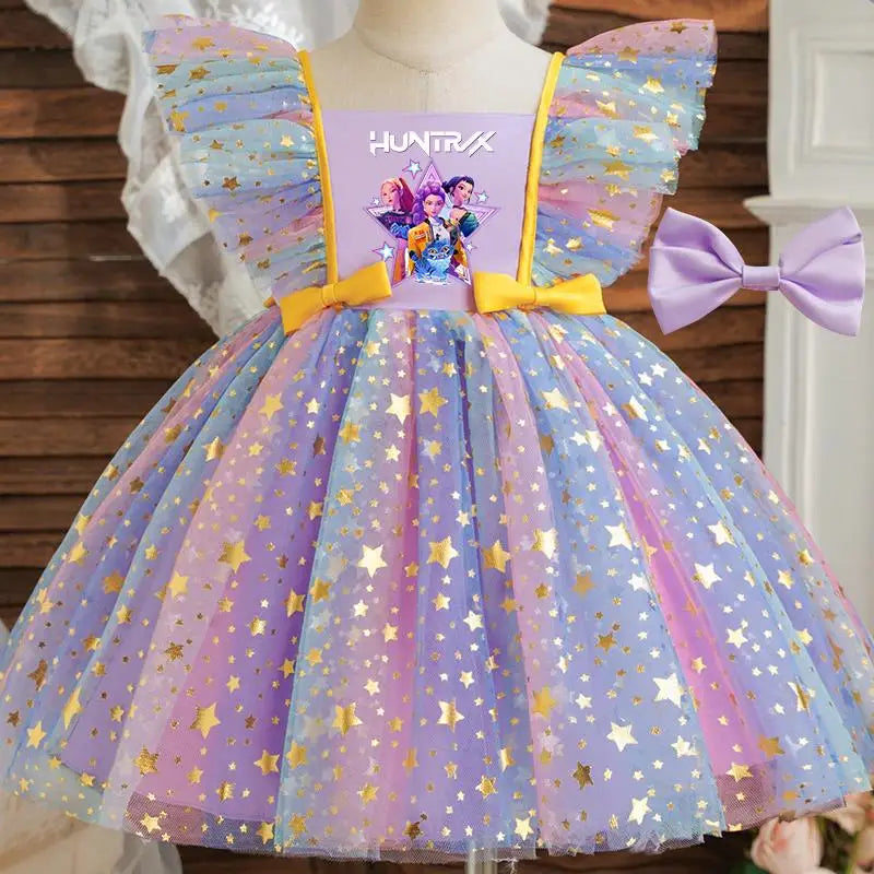 Girls' K-Pop "Starry Gala" Tutu Dress: Rainbow Tulle Gown with Gold Sequins & Ruffle Sleeves