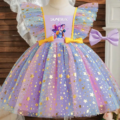 Girls' K-Pop "Starry Gala" Tutu Dress: Rainbow Tulle Gown with Gold Sequins & Ruffle Sleeves