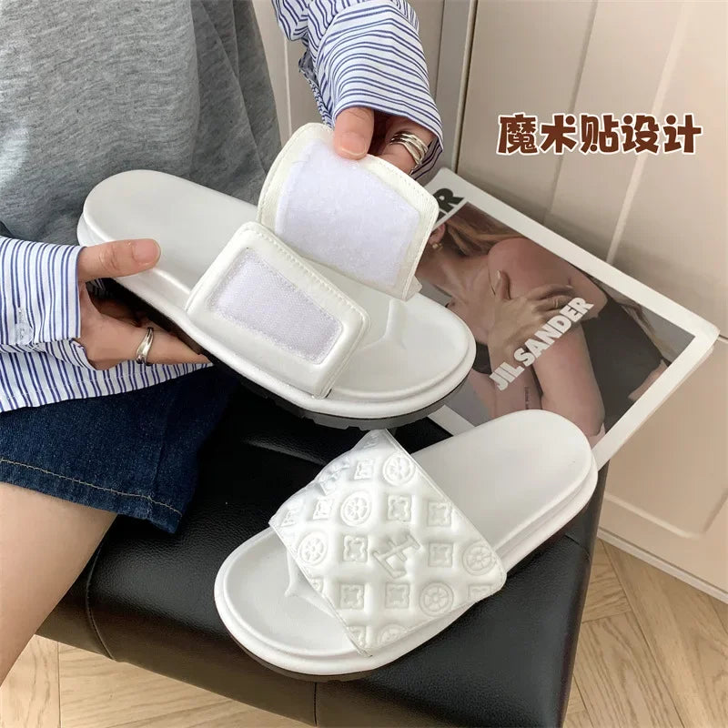 Ladies Magic Sticker Flat Slippers 2025 Summer New Designer Luxury Sandals for Women Elegant Home Flat Slippers Zapatos De Mujer
