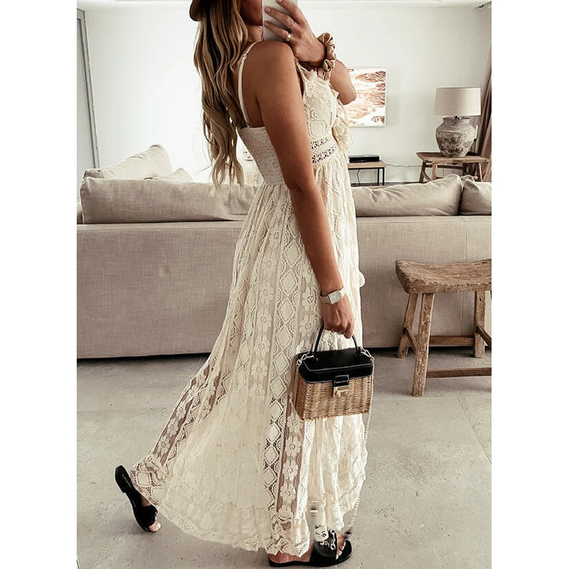 2026 Fashion Women Lace White Long Dress Sleeveless V Neck Flowy Ruffle Dress Summer Bohemian Retro Sexy Beach Holiday Dresses