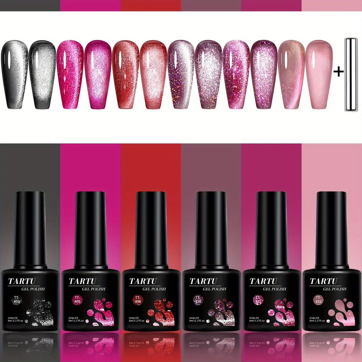 TARTU 6pcs 8ml Cat Eye Gel Nail Polish Set, 6 Colors Gel Polish Kit, Soak Off for Uv/Led, for Salon and Nail Art DIY At Home