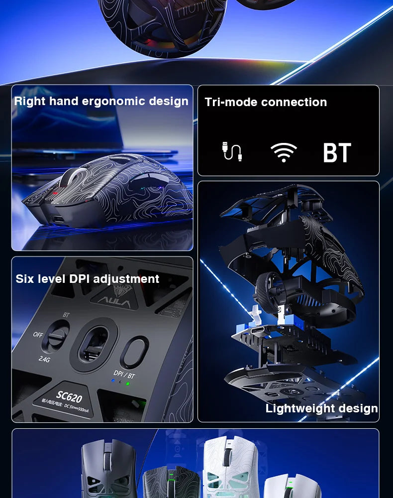 AULA SC620 Wireless Gaming Mouse, Lightweight Design, Multiple Lighting Effects, Customizable Fire Button, Optical Movement Dete