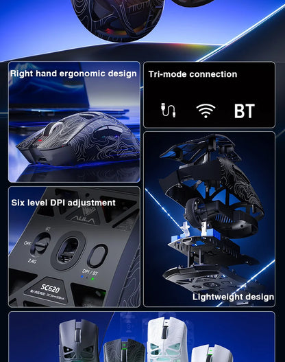 AULA SC620 Wireless Gaming Mouse, Lightweight Design, Multiple Lighting Effects, Customizable Fire Button, Optical Movement Dete