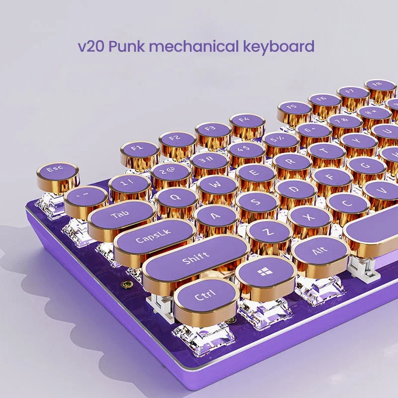 EWEADN V20 Mechanical Keyboard Wired Cute 104 Keys Round Keycaps Gaming Keyboard Retro Punk White Backlit Office Computer Mute