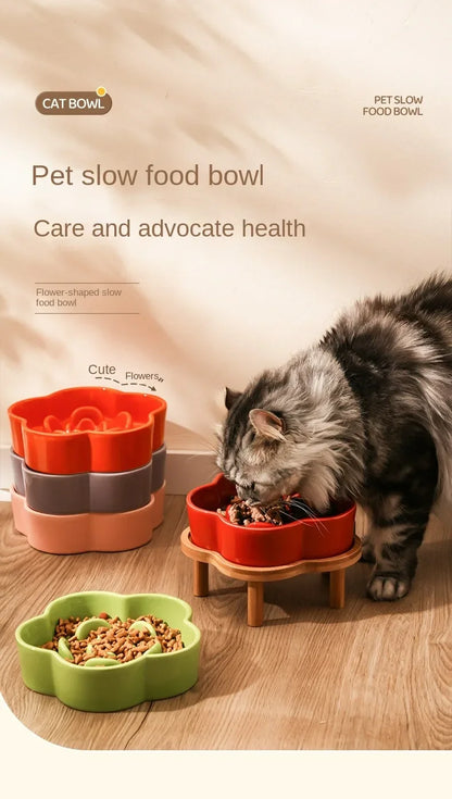 Ceramic Slow Food Bowl Anti-choking Cat Feeding Basin To Prevent Black Chin Small Dog Cat Neck Guard Wooden Frame Slow Food Bowl