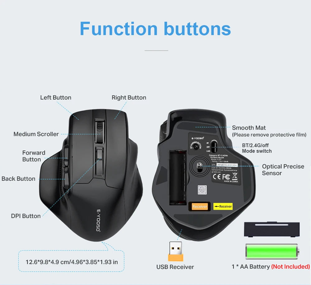 E-YOOSO X-31 Pro USB Gaming Large Mouse Support Bluetooth 2.4G Wireless PAW3212 4800 DPI for gamer Mice computer laptop PC