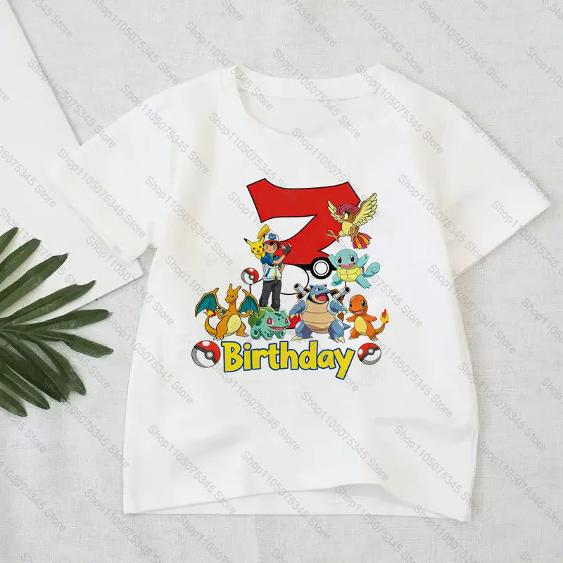 Pokémon Anime Printed T-Shirt Boys Girls Birthday Number 1-10 Clothes Fashion Figure Short-sleeved Kids Summer Birthday Gift