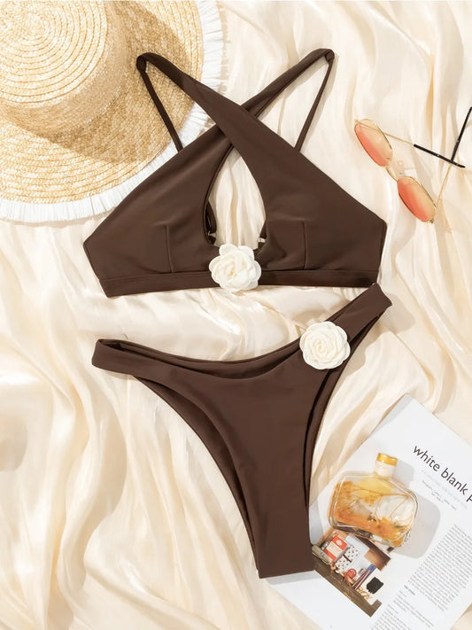 Women's Bikini 3D Flower Sexy Hollow Out Halter Backless Swimsuit 2 Piece Set Beach Skirt Vacation Bathing Suit Swimwear 2026