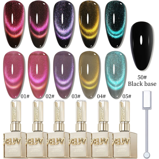 XEIJAYI 15ml 6pcs cat eye Gel Nail Polish set,Sparkling Translucent Effect for Salon, 5Colors cat Eye with Black color Quality