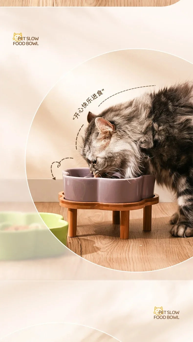 Ceramic Slow Food Bowl Anti-choking Cat Feeding Basin To Prevent Black Chin Small Dog Cat Neck Guard Wooden Frame Slow Food Bowl