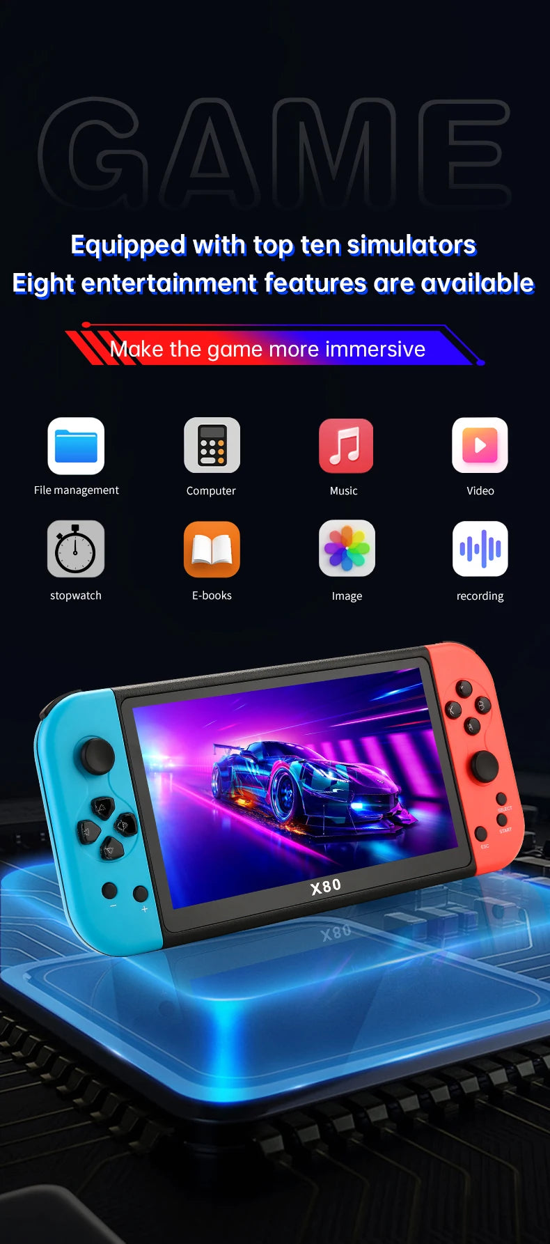Coopreme X80 Portable Game Console 7-inch HD Large Screen Arcade PS1 Emulator Multi-function Nostalgia Classic PSP Handheld Game