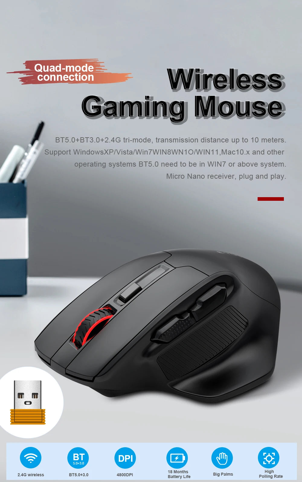 E-YOOSO X-31 Pro USB Gaming Large Mouse Support Bluetooth 2.4G Wireless PAW3212 4800 DPI for gamer Mice computer laptop PC