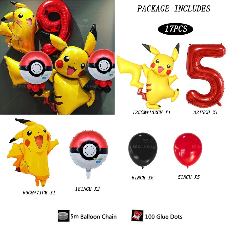 17pcs Pokemon Pikachu Theme Suit Balloon 40inch Red Number 1-9Foil Balls Children Birthday Party Decora Supplies Baby Shower