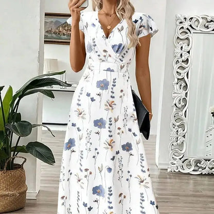 Women's V-Neck Leaf Floral Print Long Dress, A-Line Waist Cinched Dress For Summer Women Summer Clothing